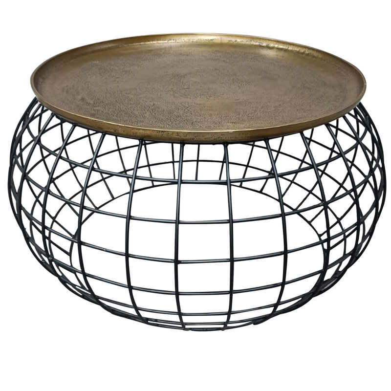 2 Piece Coffee Table and End table Set, Round Antique Brass Tray Top, Curved Cage Design Black Iron Base
