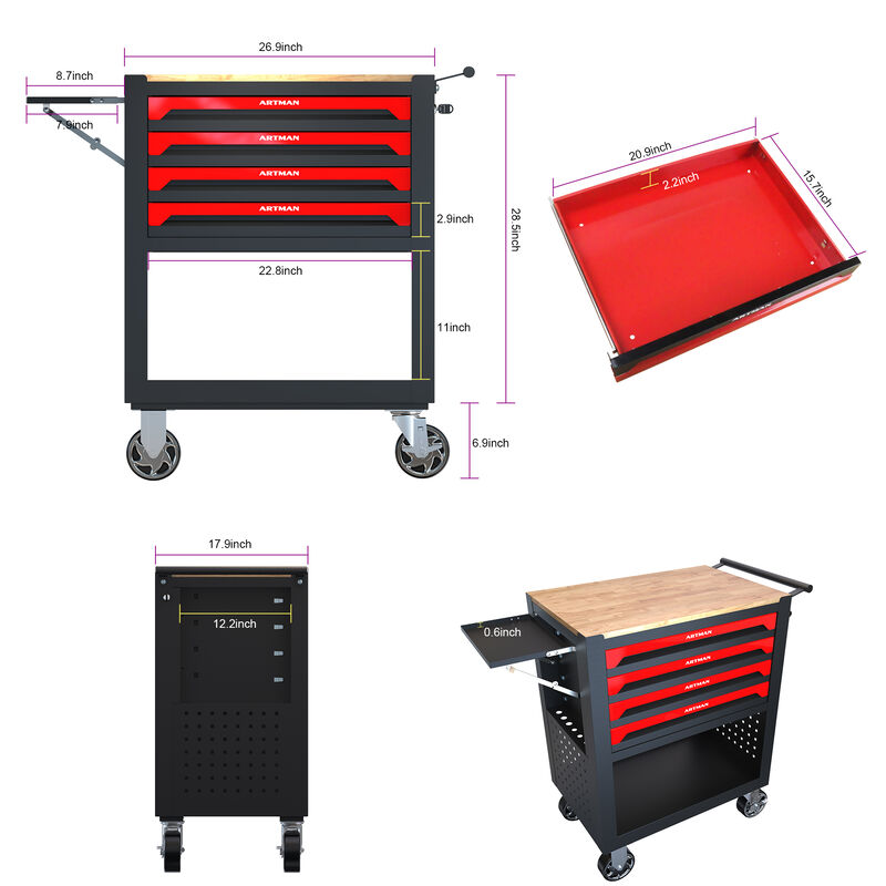 4 DRAWERS MULTIFUNCTIONAL TOOL CART WITH WHEELS AND WOODEN TOP-ORANGE