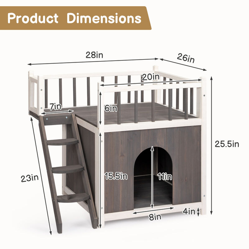 Wooden Outdoor Cat House with Stairs, 2-Tier Weatherproof Pet Shelter