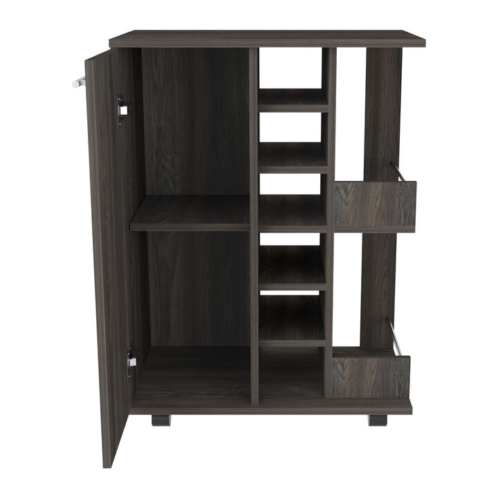 DEPOT E-SHOP Magda Bar Cart, Four Casters, Six Built-in Wine Rack, Single Door Cabinet, Two External Shelves, Carbon Espresso