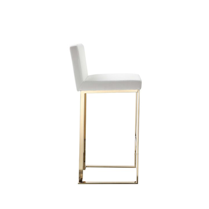 Boly 30 Inch Barstool Chair, Cushioned White Faux Leather, Gold Cantilever - Benzara