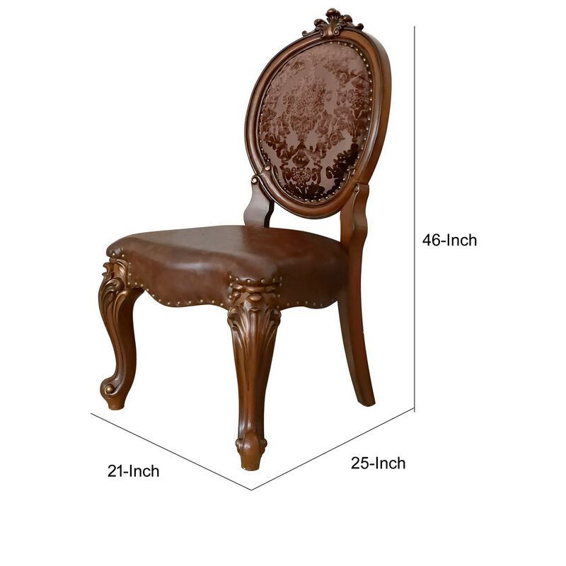 Kai 25 Inch Set of 2 Dining Chair, Scrolled Legs Tufted Faux Leather, Brown-Benzara