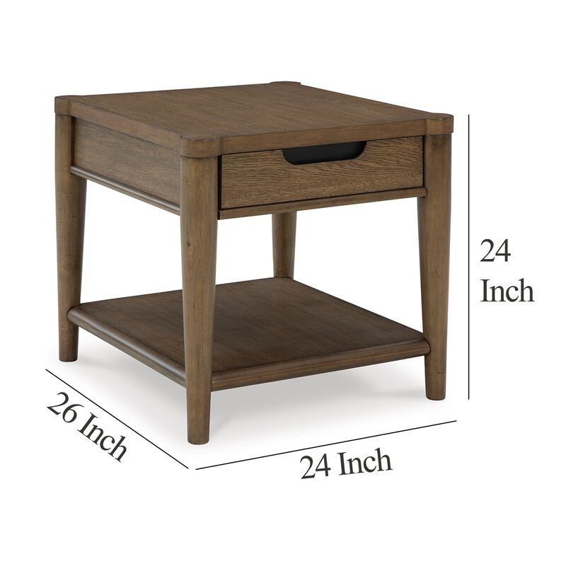 Howie Side End Table, Drawer and Shelf, Rectangular 26 Inch Brown Wood - Benzara