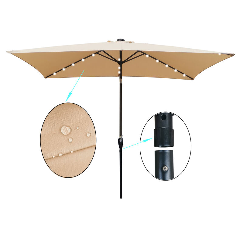 10 X 6.5FT Rectangular Patio Solar LED Lighted Outdoor Umbrellas With Crank And Push Button