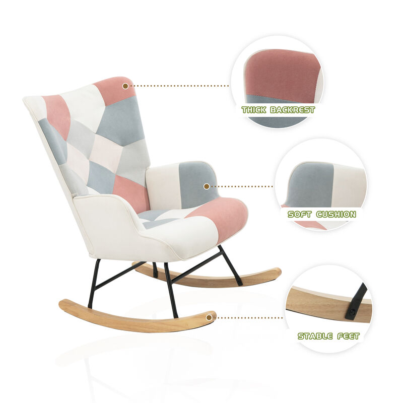 Rocking Chair ,Mid Century Fabric Rocker Chair with Wood Legs and Patchwork Linen for Livingroom Bedroom
