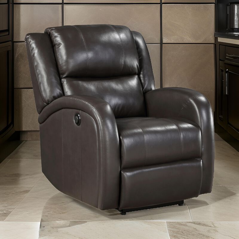 Karena 38 Inch Power Reclining Accent Chair, Brown Faux Leather, Solid Wood - Benzara