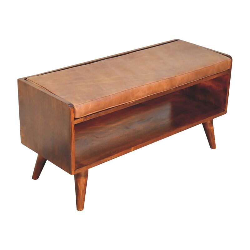 Artisan Furniture Chestnut Bench with Brown Leather  Solid Wood Seatpad