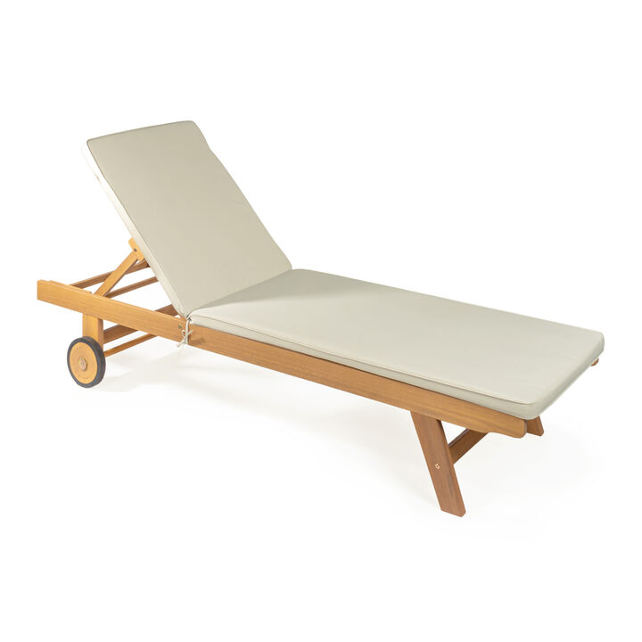 Mallorca Modern Classic Adjustable Acacia Wood Chaise Outdoor Lounge Chair with Cushion & Wheels