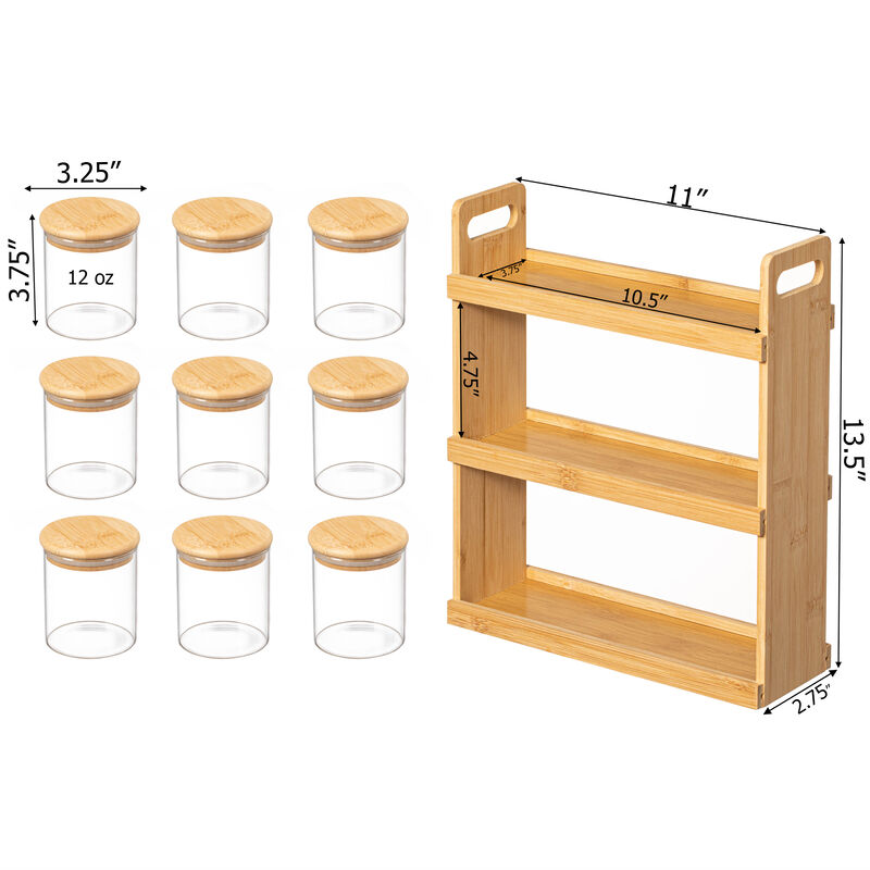 Basicwise Versatile 3-Tier Bamboo Spice Rack and Pantry Organizer with 9 Glass Jars – Perfect for Countertop Storage in Kitchens to Keep  Seasoning Containers Neatly Displayed and Easily Accessible