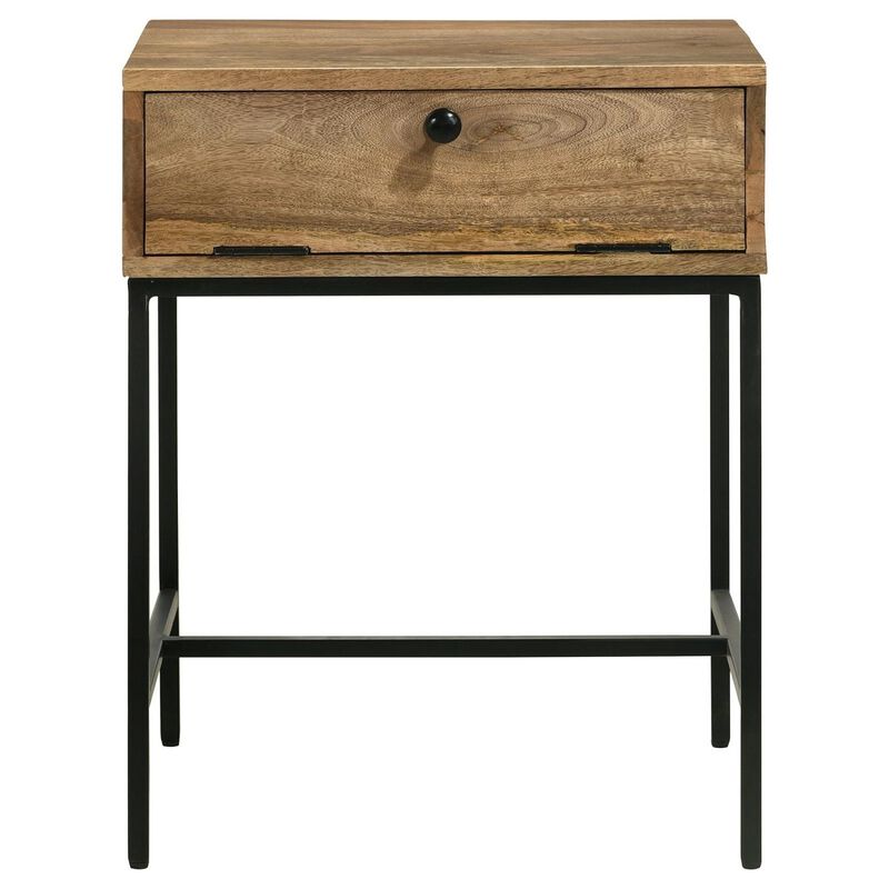 Benjara 24 Inch End Table with Slender Iron Base, Honey Mango Wood Frame, Brown and Black