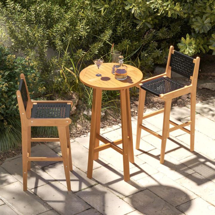 Hivvago 30 Inch Rattan Teak Wood Bar Stool with Backrest and Footrest