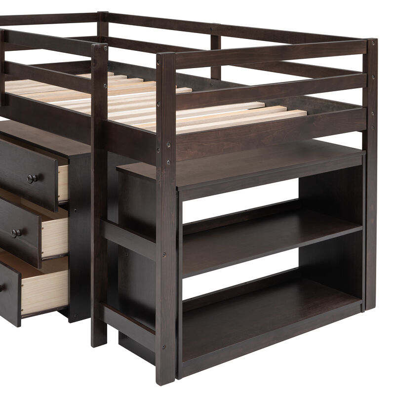 Merax Low Loft Bed with Cabinet and Rolling Portable Desk