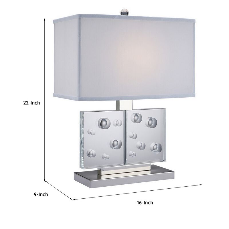 22 Inch Table Lamp, Crystal Stand, Rectangular Shade, Metal, Clear -Benzara