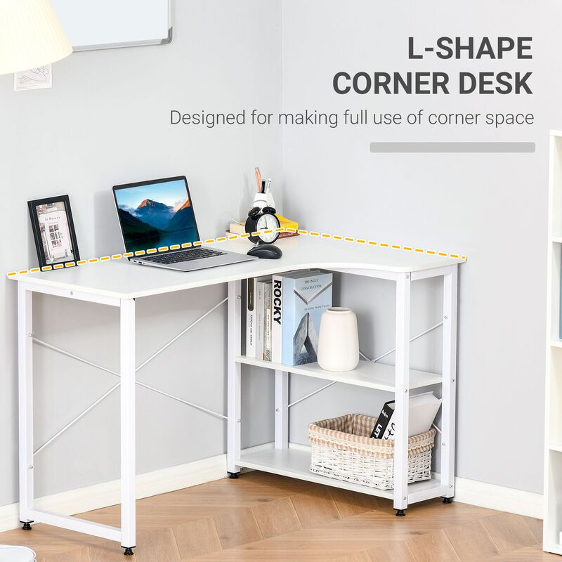 White Corner Workstation: L-Shaped Desk with Wide Top and Side Shelves