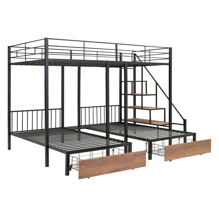 Full Over Twin-Twin Triple Bunk Bed With Drawers And Staircase