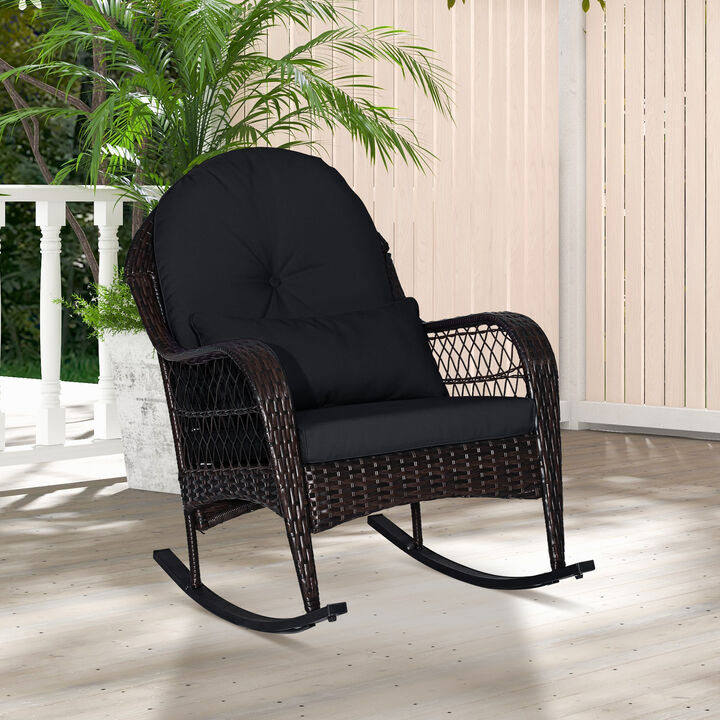 Patio Rattan Rocking Chair with Seat Back Cushions and Waist Pillow
