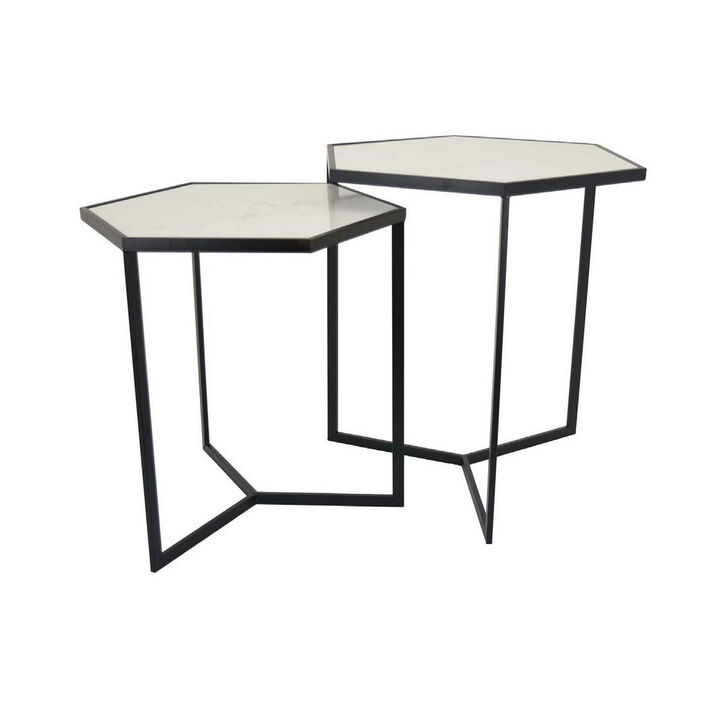 Plant Stand Table Set of 2, Black Metal Frame, Hexagonal White Tabletop - Benzara