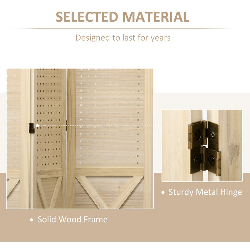 4 Panel Pegboard Display Room Divider, 4.7' Tall Wood Privacy Screen, Natural