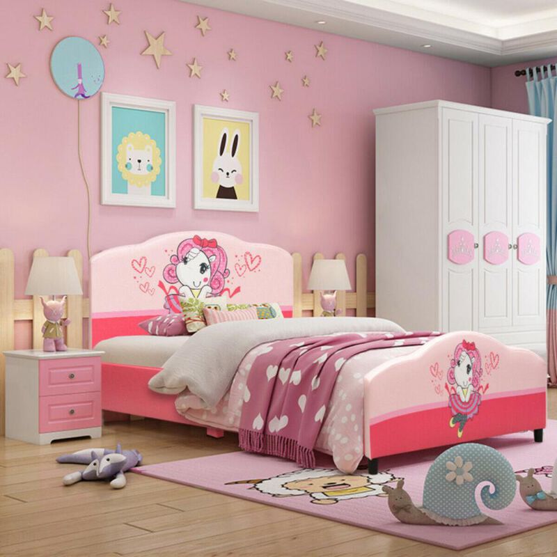 Hivvago Kids Children Upholstered Platform Toddler Girl Pattern Bed