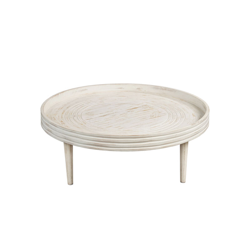 33 Inch Coffee Table, Solid Mango Wood, Handcrafted Round Grooved Raised Edge, Distressed White - Benzara