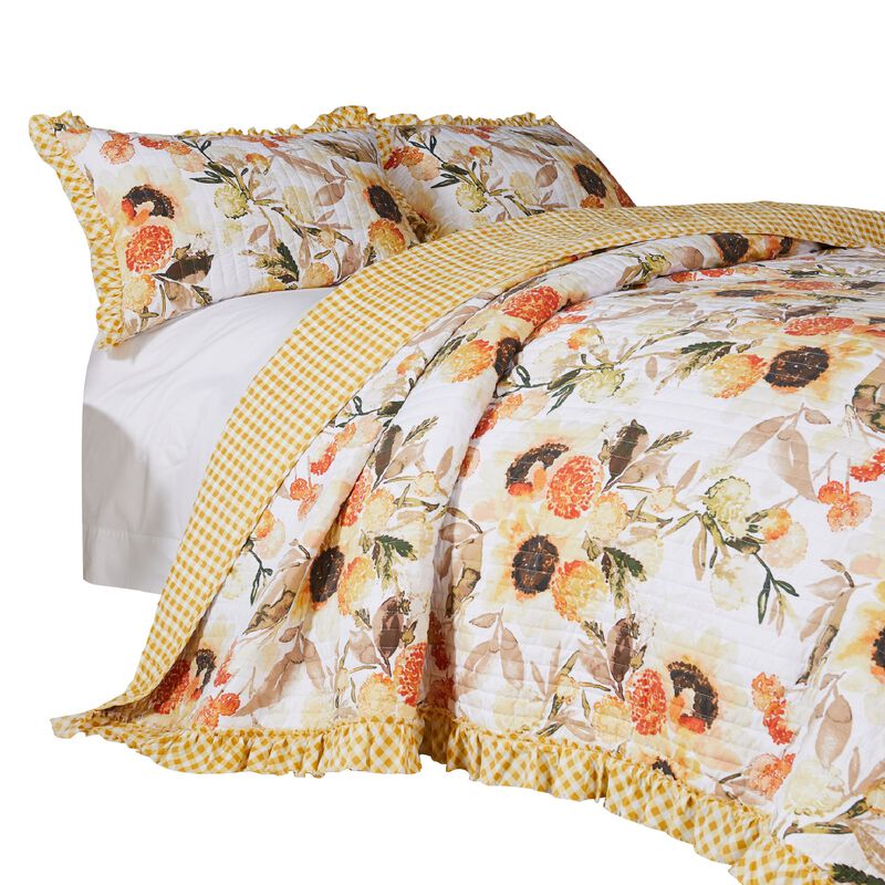 Kelsa 2 Piece Twin Quilt Set with Pillow Sham, Cotton, Ruffled Border, Gold-Benzara