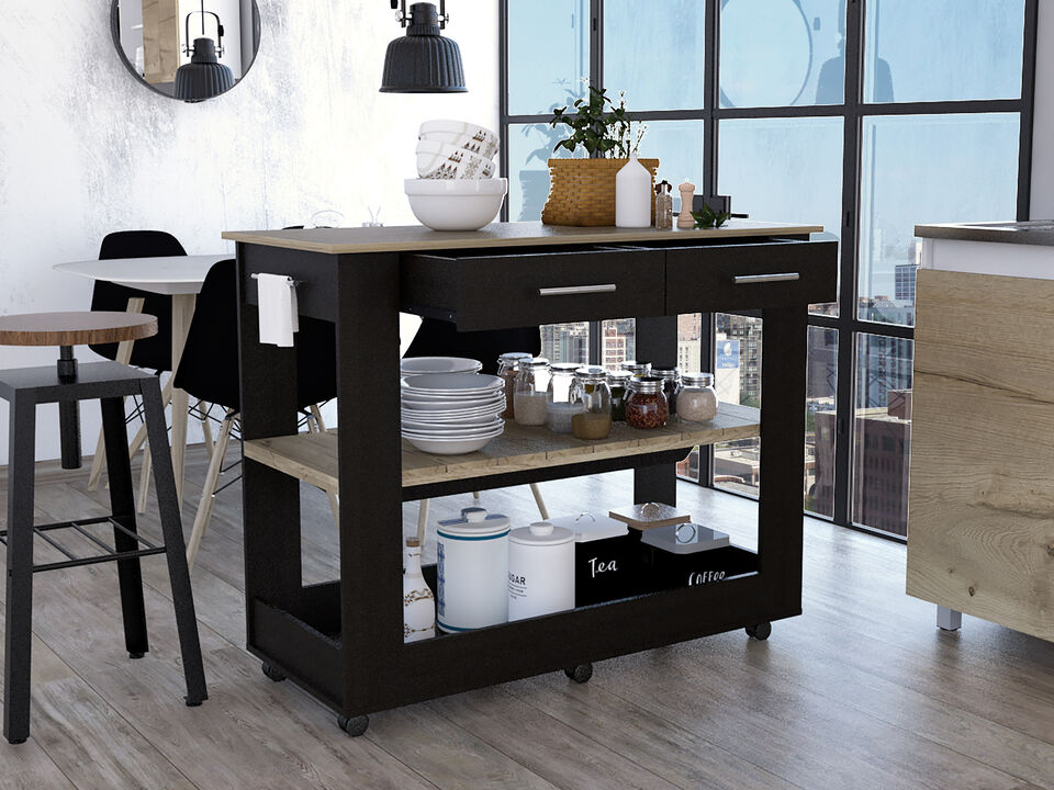 Streamdale Rockaway 2-Drawer 2-Shelf Kitchen Island Black Wengue And Light Oak