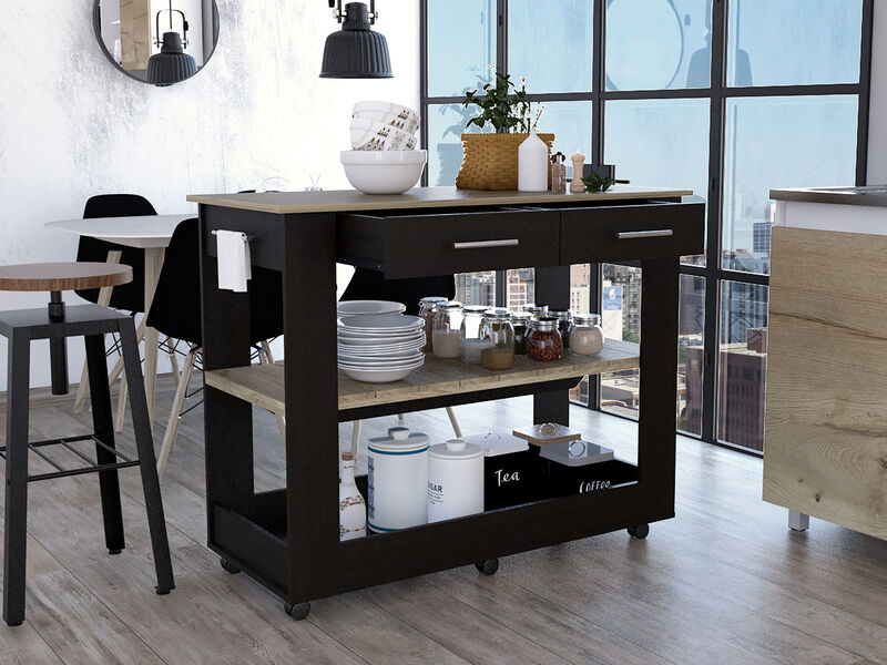 Streamdale Rockaway 2-Drawer 2-Shelf Kitchen Island Black Wengue And Light Oak