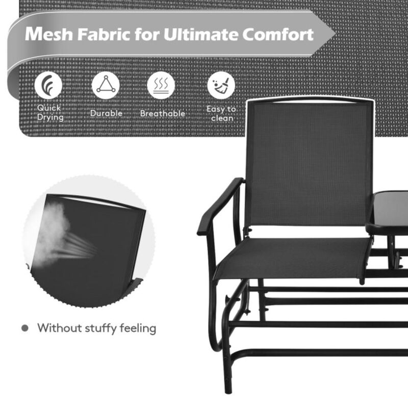 Hivvago 2-Person Double Rocking Loveseat with Mesh Fabric and Center Tempered Glass Table