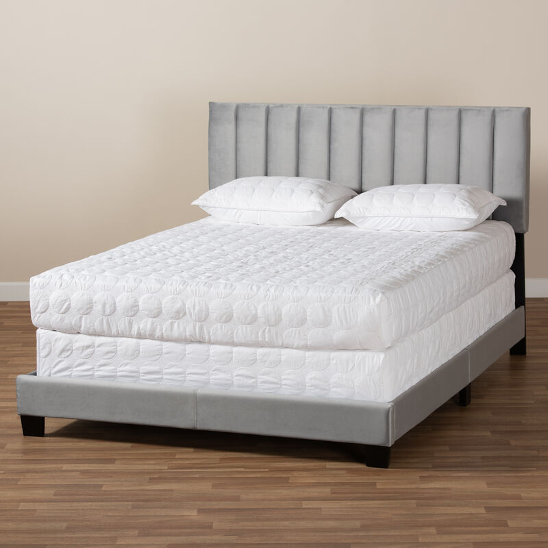 Baxton Studio Clare Velvet Upholstered Queen Size Panel Bed with Channel Tufted Headboard
