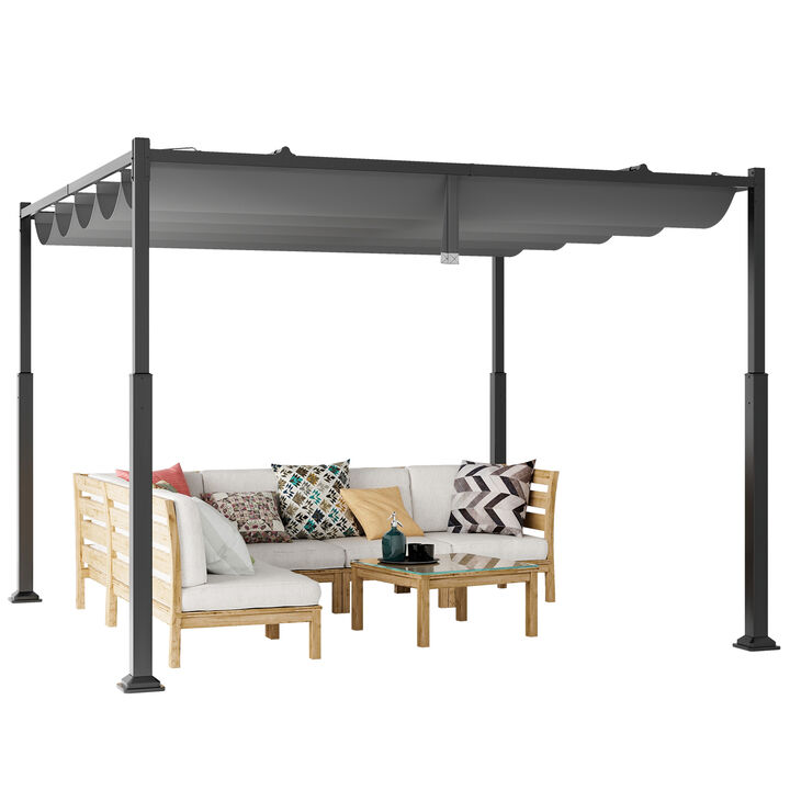 Outdoor Pergola with Retractable Canopy and Metal Columns