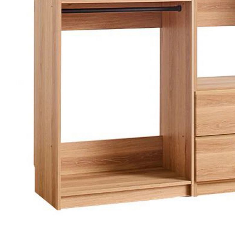 Dee Modular Closet System, 5 Floating Shelves, 2 Drawers, Oak Brown Wood - Benzara