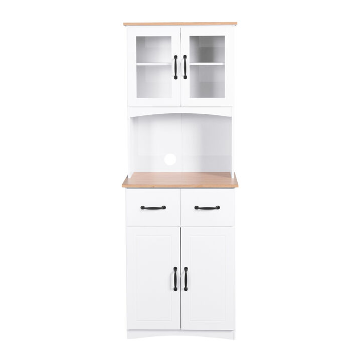 White Wooden Kitchen Pantry with Glass Door Storage
