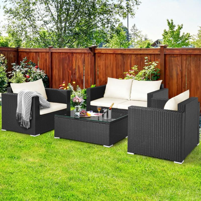 Hivvago 4 Pieces Patio Rattan Conversation Set with Padded Cushions