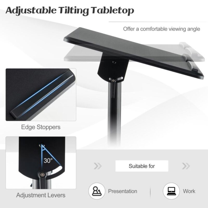 Hivvago Mobile Lectern Podium Height-adjustable Rolling Laptop Cart with Tilting Top Storage Tray