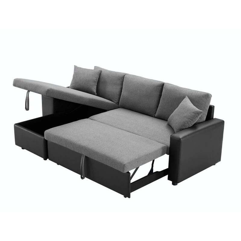 92.5" Linen Reversible Sleeper Sectional Sofa With Storage And 2 Stools Steel