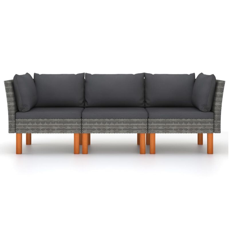 vidaXL 3-Seater Garden Sofa with Cushions Gray Poly Rattan