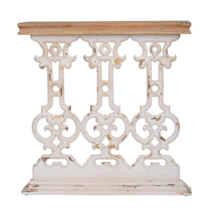 32 Inch Console Table, Fir Wood, Traditional, Scrollwork, Antique White-Benzara