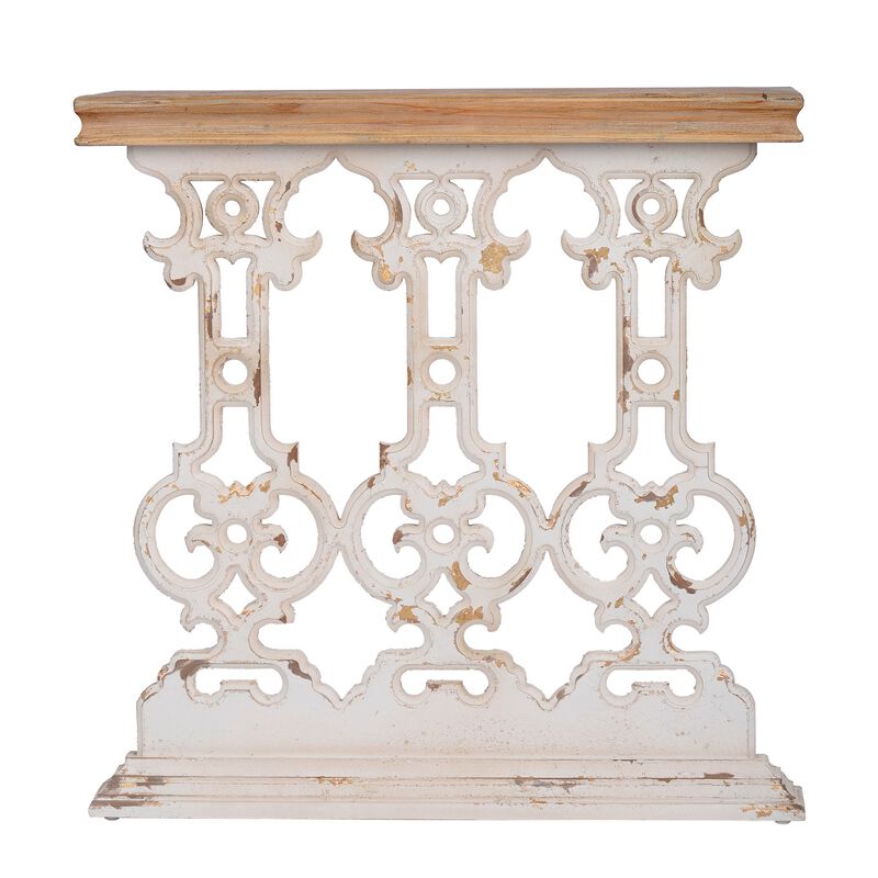 32 Inch Console Table, Fir Wood, Traditional, Scrollwork, Antique White-Benzara