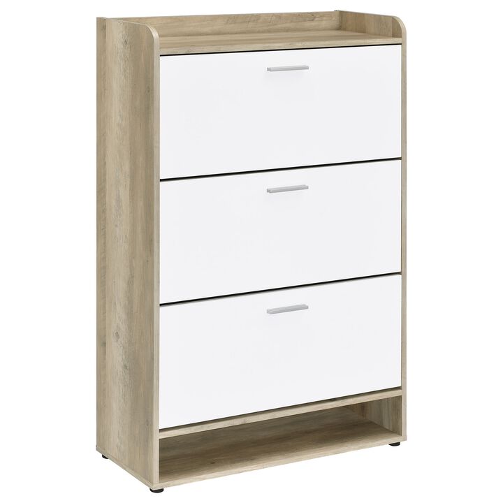 Danny Shoe Storage Cabinet, 3 Tiered, Bottom Shelf, Antiqued White Pine - Benzara