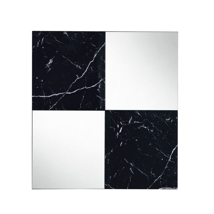 Contemporary Square Accent Wall Mirror with Faux Marble, Silver and Black-Benzara