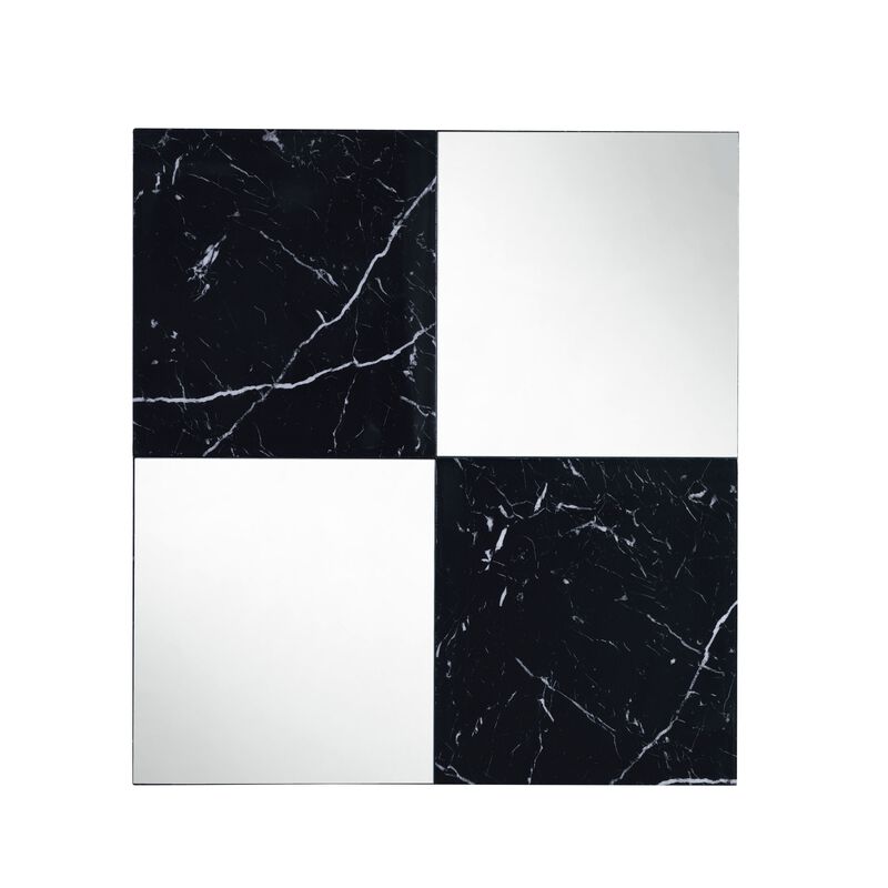 Contemporary Square Accent Wall Mirror with Faux Marble, Silver and Black-Benzara