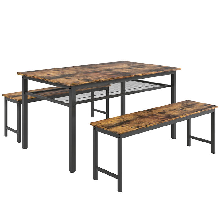 3 Pieces Farmhouse Kitchen Table Set With Two Benches, Metal Frame And MDF Board