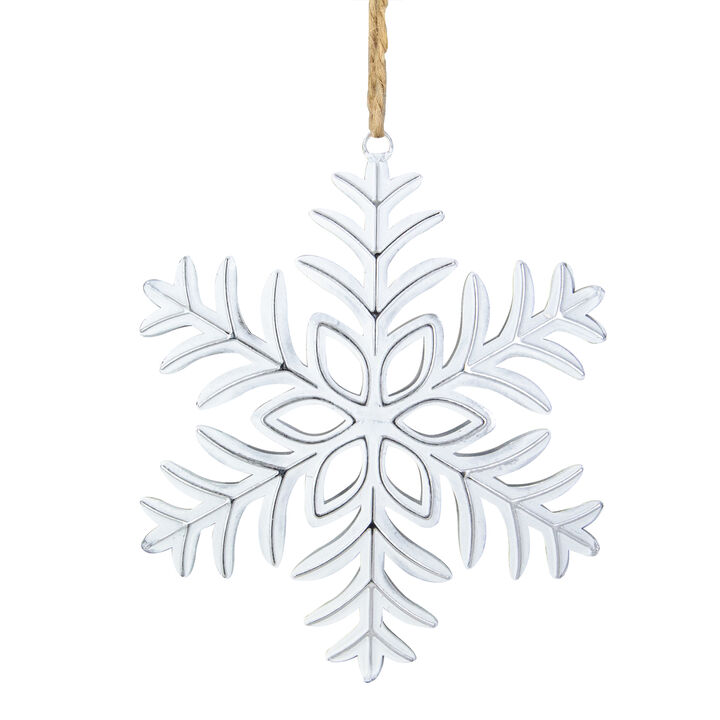 5.5" Silver and White Metal Snowflake Christmas Ornament on Jute Rope