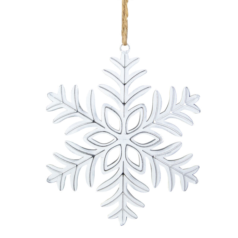 5.5" Silver and White Metal Snowflake Christmas Ornament on Jute Rope