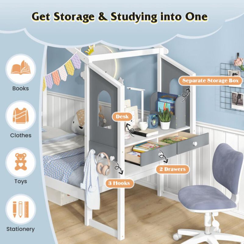 Hivvago Twin/Full Bed Frame with House Roof Canopy and Fence for Kids