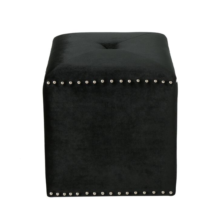 Neli Ottoman, Black Velvet, Single Tuft on Top, Nailhead Trim, 17 Inch - Benzara