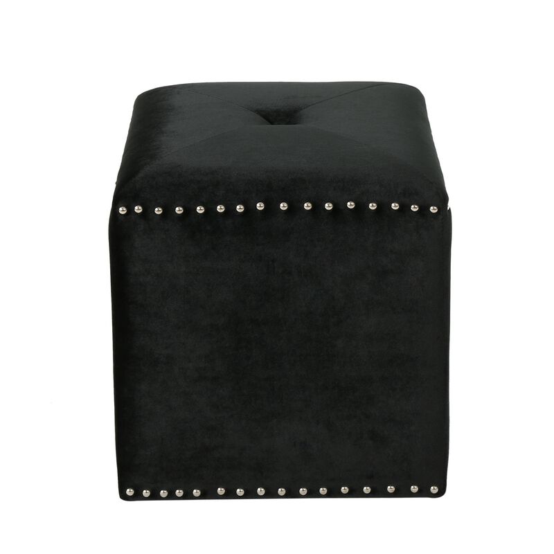 Neli Ottoman, Black Velvet, Single Tuft on Top, Nailhead Trim, 17 Inch - Benzara