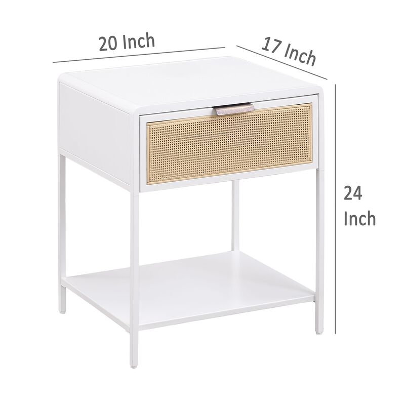Lanie Bedside Table with Drawer and Open Shelf, PE Cane, White Metal - Benzara