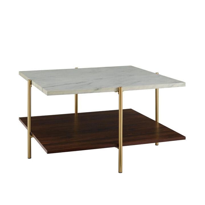 Walker Edison 32 Mid Century Square Coffee Table - White Faux Marble / Gold