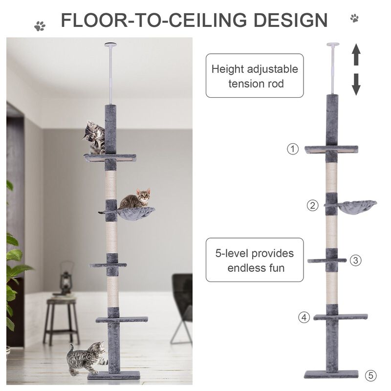 Grey Cat Climbing Tower: 85" Vertical Tree with Scratching Posts